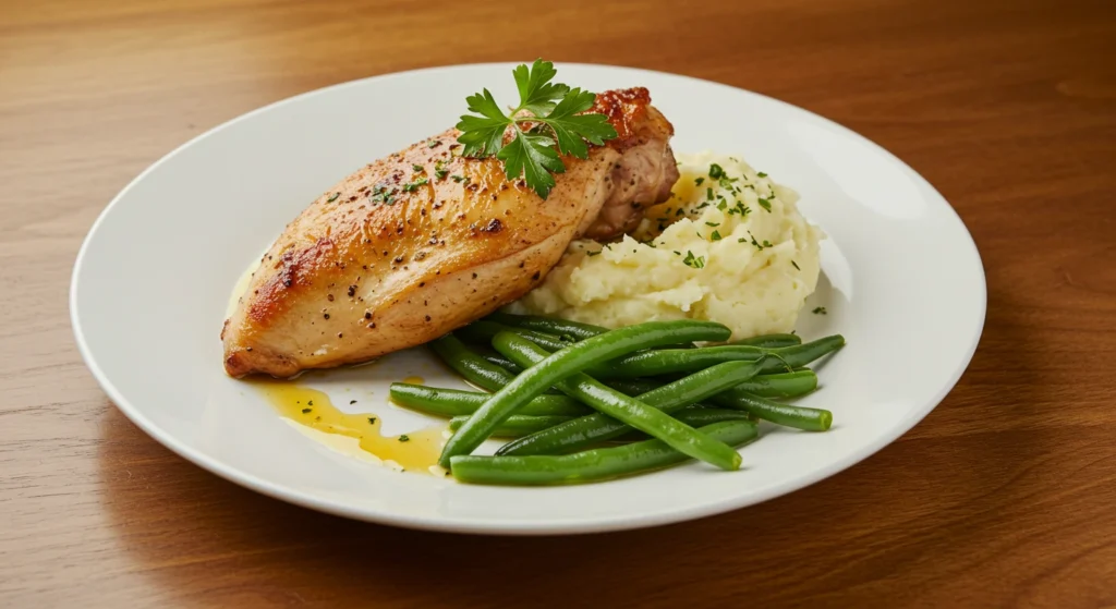 Bone-in chicken breast with golden skin, served with creamy mashed potatoes and sautéed green beans, garnished with parsley and a drizzle of lemon juice