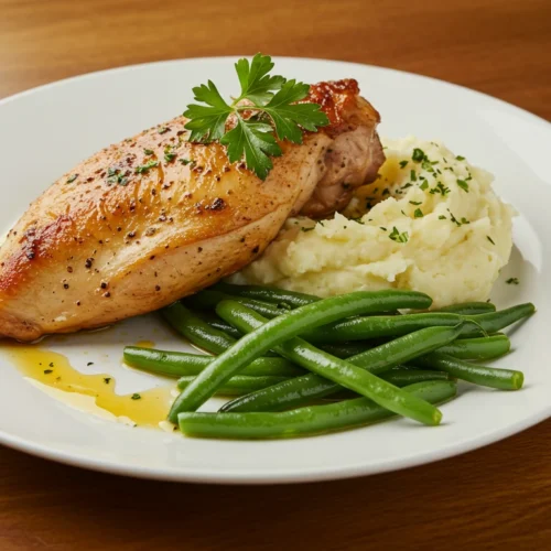 Bone-in chicken breast with golden skin, served with creamy mashed potatoes and sautéed green beans, garnished with parsley and a drizzle of lemon juice