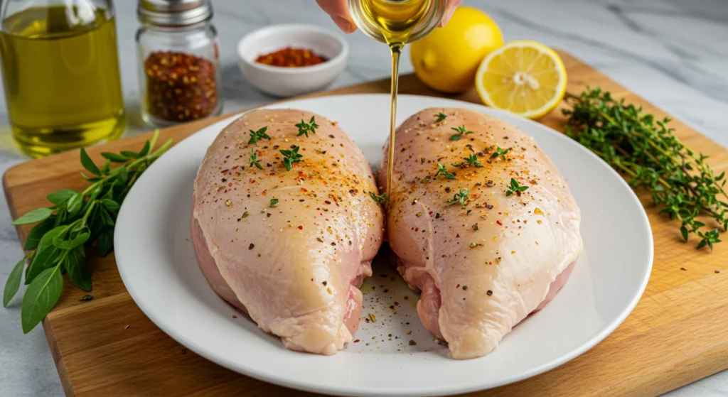 Bone-In Chicken Breast on a cutting board, seasoned with olive oil, paprika, thyme, garlic powder, salt, and pepper