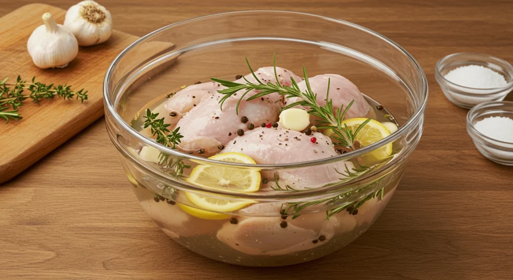 Chicken submerged in a seasoned brine with fresh herbs, garlic, peppercorns, and lemon slices in a glass bowl on a wooden countertop