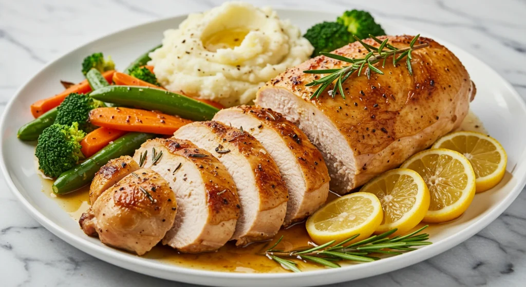 A beautifully roasted Brined chicken  with golden, crispy skin, served on a large white platter 