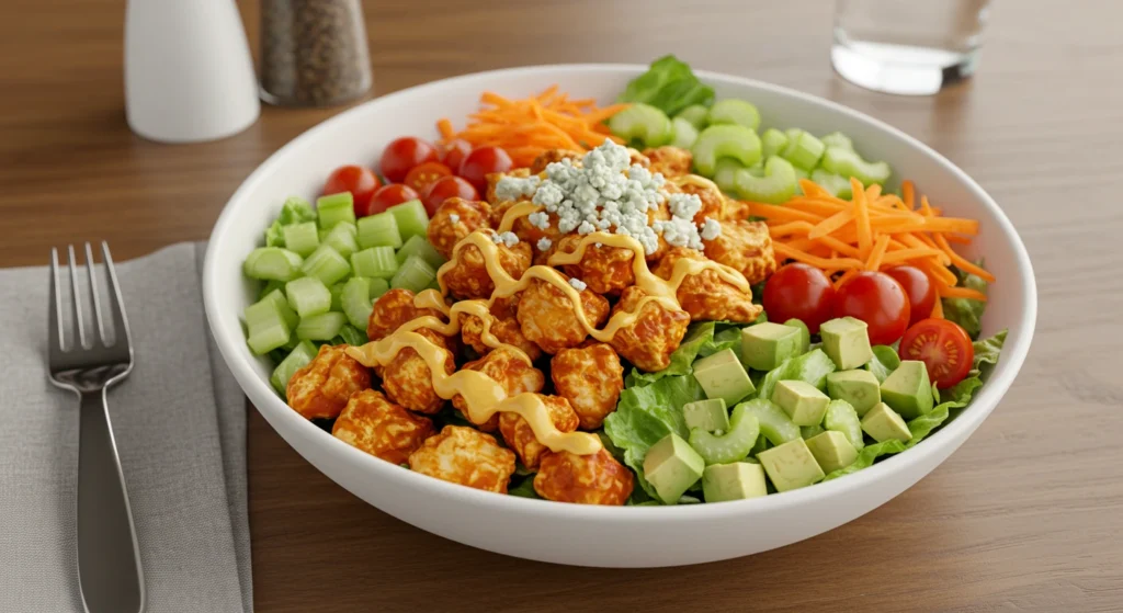 Colorful Buffalo Chicken Chopped Salad with spicy chicken, fresh veggies, and creamy dressing in a white bowl