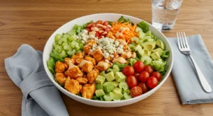 Buffalo Chicken Chopped Salad in a white bowl with fresh veggies, avocado, and dressing