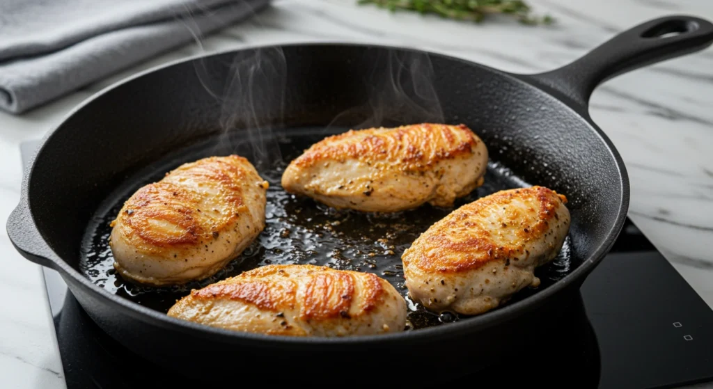 Chicken breasts seasoned with salt and pepper searing in a skillet with olive oil, turning golden brown and cooking to an internal temperature of 165°F