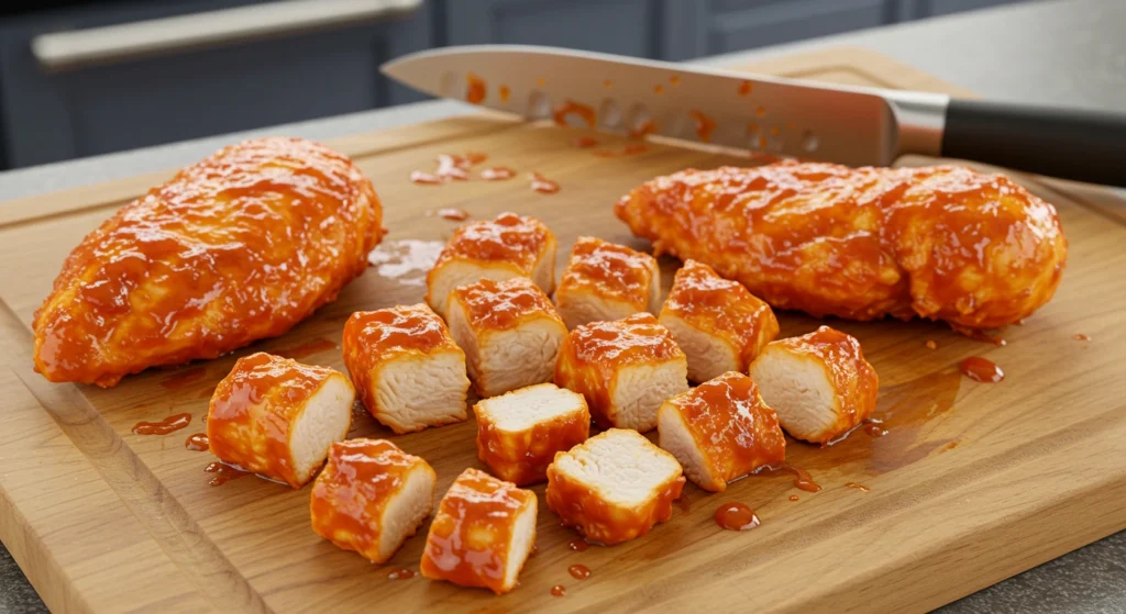 Cooked chicken coated in Buffalo sauce resting on a cutting board, ready to be chopped into bite-sized pieces