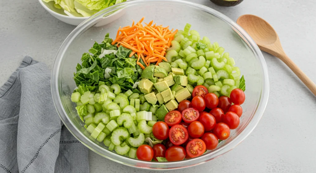 Large bowl of fresh chopped romaine lettuce, cherry tomatoes, celery, shredded carrots, and diced avocado, ready to assemble into a vibrant salad