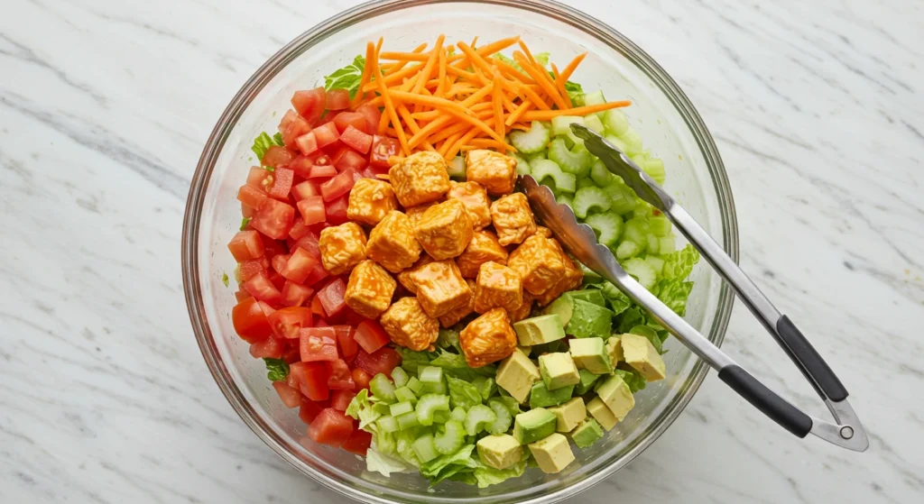 Buffalo chicken slices added to a bowl of romaine lettuce, cherry tomatoes, celery, shredded carrots, and avocado, ready to be tossed into a flavorful salad