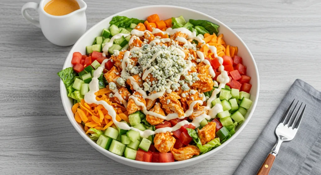 Buffalo Chicken Salad drizzled with ranch dressing or dairy-free Buffalo dressing, topped with blue cheese crumbles for a flavorful and vibrant meal