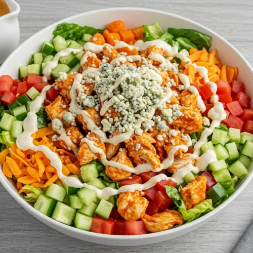 Buffalo Chicken Chopped Salad with spicy chicken, fresh veggies, and creamy dressing served in a large white bowl