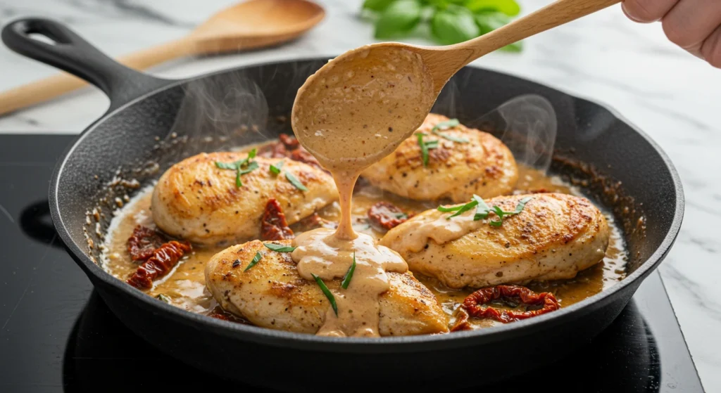 Chicken breasts simmering in a cast iron skillet with creamy sauce, topped with sun-dried tomatoes and herbs, on an oven with a modern marble countertop