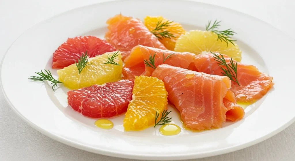 Fresh citrus salad with smoked salmon, featuring orange and grapefruit segments, arugula, and a light olive oil dressing for a burst of vibrant flavor