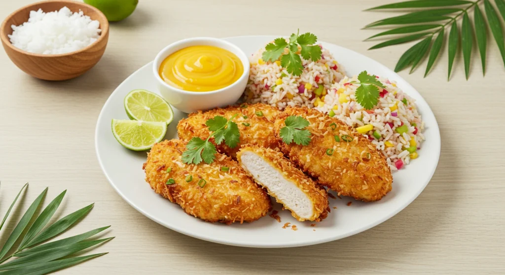 Tropical coconut-crusted chicken cutlets, golden and crispy, served with mango sauce and lime wedges.