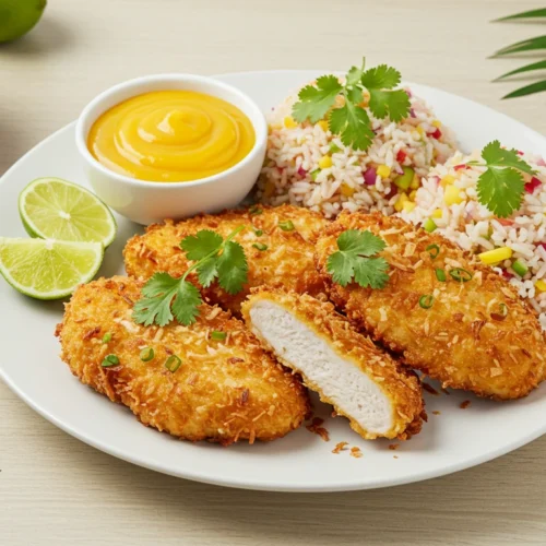 Tropical coconut-crusted chicken cutlets, golden and crispy, served with mango sauce and lime wedges.