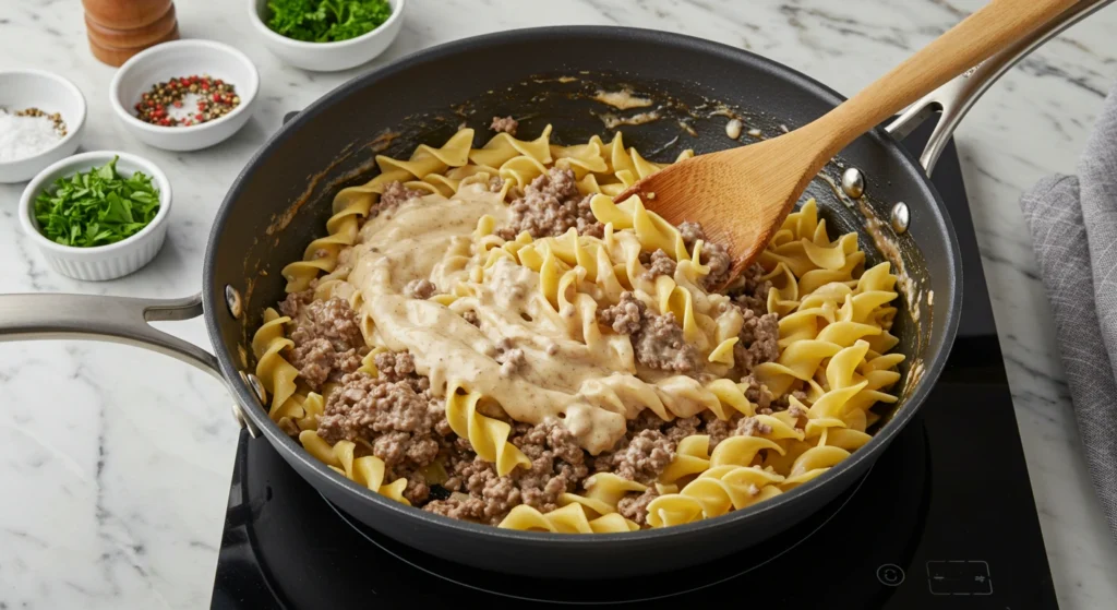 Cooked beef and egg noodles tossed in creamy Stroganoff sauce in a skillet, evenly coated and ready to transfer to the baking dish.