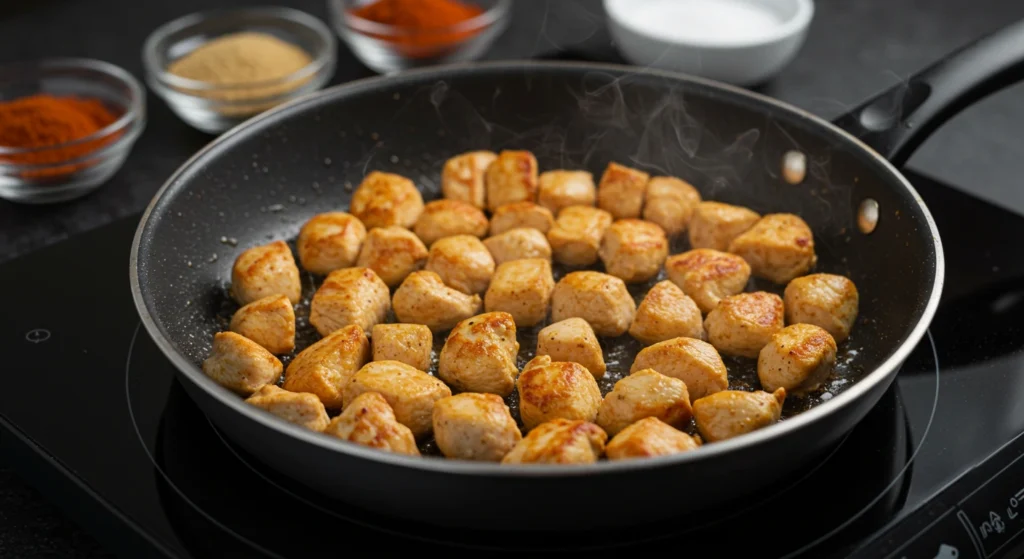 Golden-brown diced chicken cooking in a skillet, surrounded by seasoning bowls with garlic powder, smoked paprika, and salt.