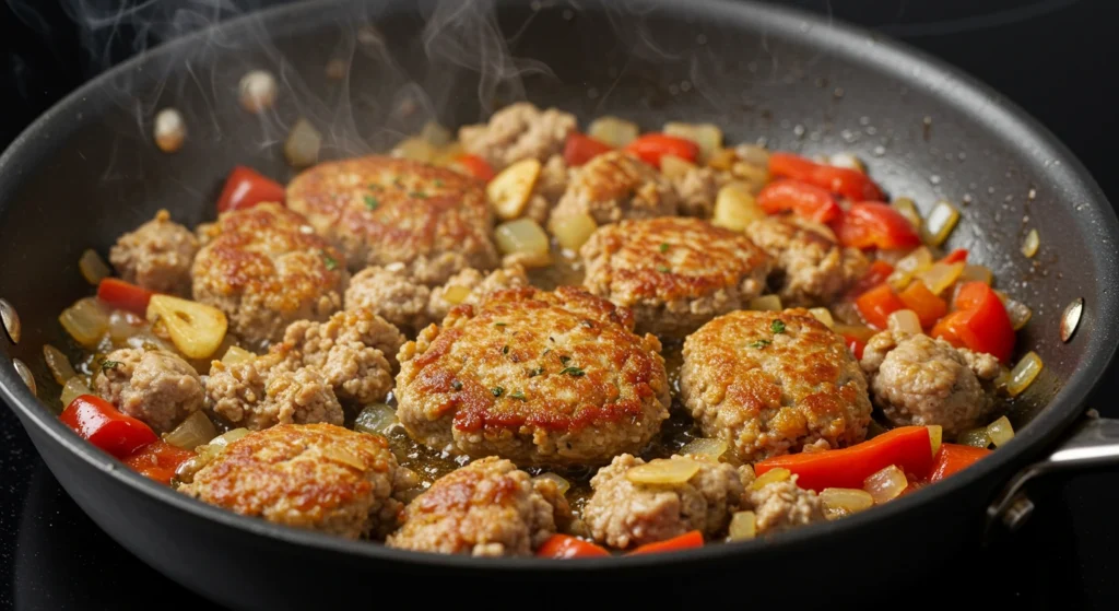 Ground turkey cooking in a skillet with sautéed garlic, onions, and bell peppers, releasing steam