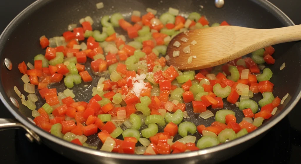 Skillet with minced onion, red bell pepper, and celery being sautéed with a pinch of salt, stirred with a wooden spoon in a bright kitchen