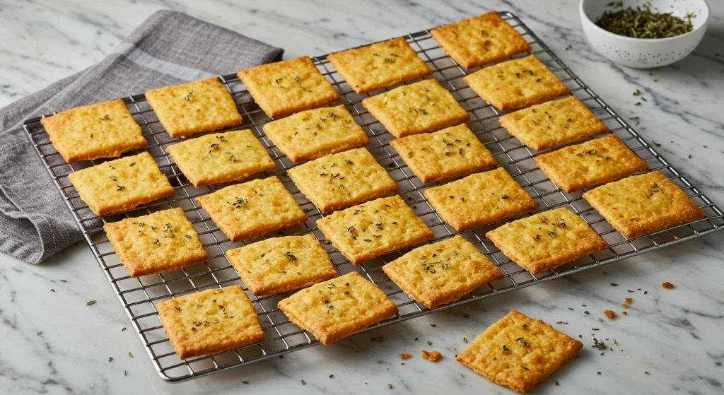 Golden sourdough cheese crackers cooling on a wire rack, ready to serve.
