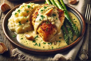 Final plated dish of Creamy Garlic Chicken, served with a rich, garlicky cream sauce, garnished with fresh parsley and Parmesan cheese. A side of roasted asparagus and mashed cauliflower complements the dish on a rustic wooden table