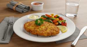 Crispy chicken cutlet served with roasted vegetables, garnished with parsley and lemon wedges.