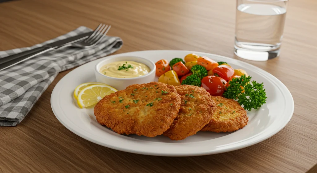 Golden and crispy chicken cutlet paired with roasted vegetables, lemon wedges, and parsley
