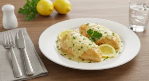 Plated Easy Creamy Lemon Chicken recipe with tender chicken breasts in a glossy lemon cream sauce, garnished with parsley and lemon slices, next to a glass of water