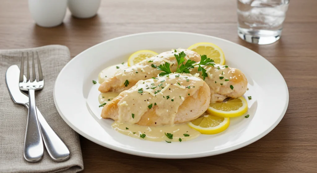 Easy Creamy Lemon Chicken plated with tender chicken breasts draped in a rich lemon cream sauce, garnished with fresh parsley and lemon slices.
