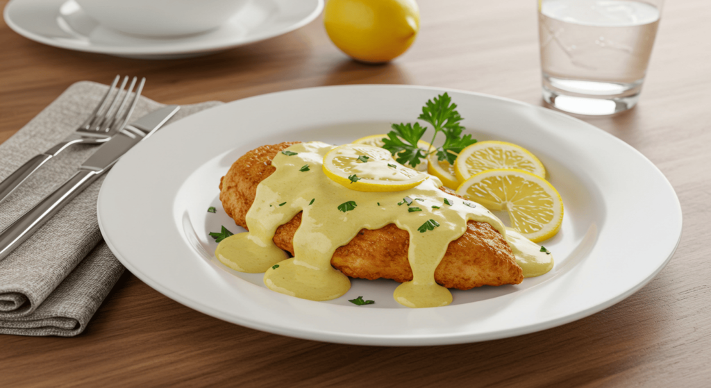 Plated Easy Creamy Lemon Chicken with creamy sauce, garnished with parsley and lemon slices on a modern wooden table
