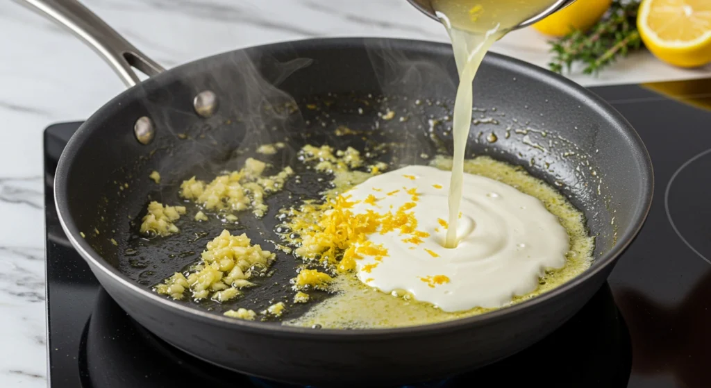 Garlic sautéing in a skillet for Easy Creamy Lemon Chicken sauce, with broth, cream, lemon, and Parmesan being added for a smooth, flavorful finish.