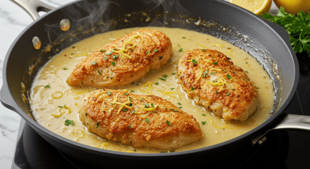 Chicken breasts simmering in creamy lemon sauce with steam rising, garnished with lemon zest and Italian seasoning