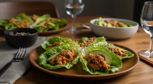 Beautifully set dinner table with turkey lettuce wraps served on a rustic ceramic plate, garnished with avocado, sesame seeds, and carrots