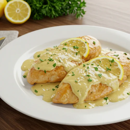 Tender Easy Creamy Lemon Chicken served in a rich lemon cream sauce, garnished with fresh parsley and lemon slices on a modern wooden table