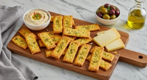 Golden sourdough discard crackers on a modern wooden board, sprinkled with flaky sea salt and herbs, served with hummus and cheese on a marble countertop