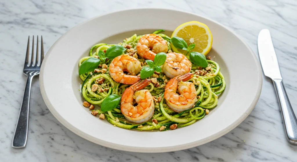 Zucchini noodles recipe served on a ceramic plate, garnished with crushed nuts, basil, and lemon