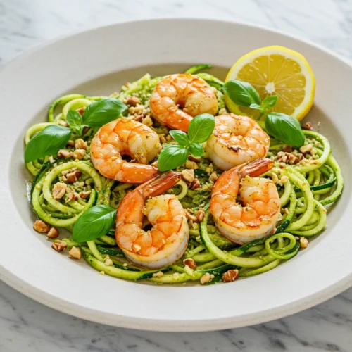 Zucchini noodles with pesto and grilled shrimp served on a ceramic plate, garnished with crushed nuts, basil, and lemon
