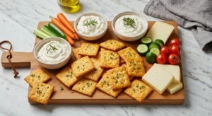 Golden sourdough cheese crackers on a modern wooden board, sprinkled with salt and herbs, served with dips and cheese on a marble countertop