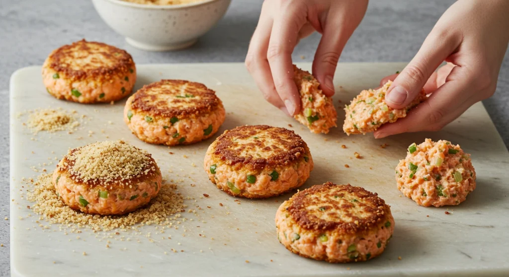 Salmon cake patties being formed by hand on a cutting board, with breadcrumbs sprinkled on both sides and a bowl of breadcrumbs nearby