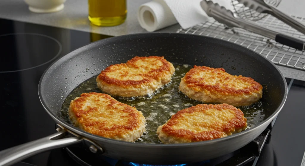 Chicken cutlets frying in a skillet with olive oil, turning golden brown and crispy.