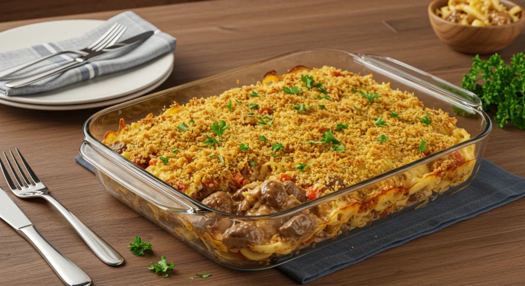 Baked Beef Stroganoff Casserole served hot in a baking dish, garnished with fresh parsley for added flavor and presentation