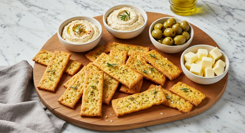 Golden and crispy sourdough discard crackers on a modern wooden board, topped with flaky sea salt and herbs, served with dips on a marble countertop