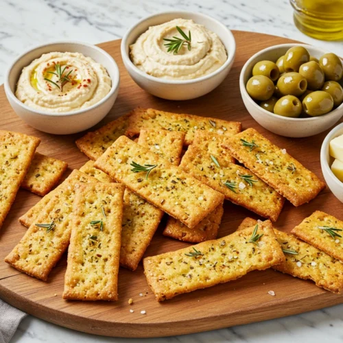 Golden and crispy sourdough discard crackers on a modern wooden board, topped with flaky sea salt and herbs, served with dips on a marble countertop