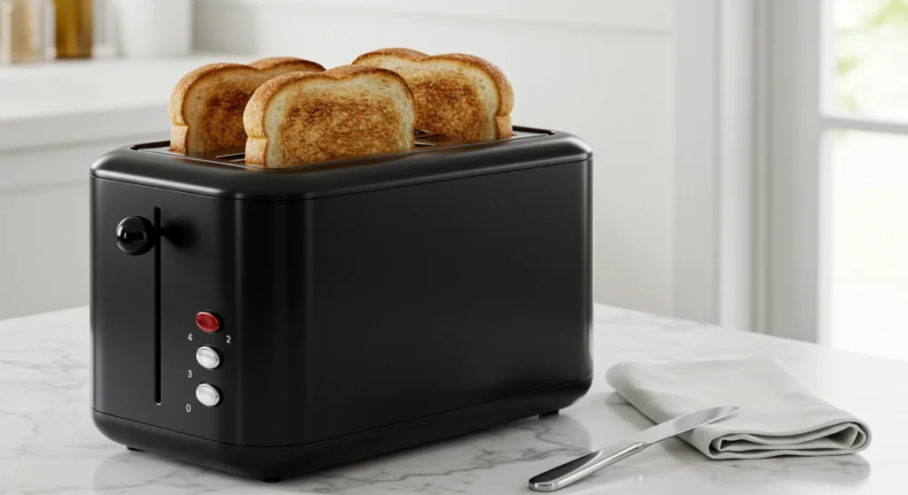 Golden-brown toast popping up from a silver toaster, ready to serve.