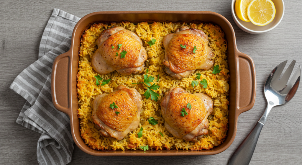 Oven-baked chicken thighs with rice, golden and crispy, ready to be served from the baking dish