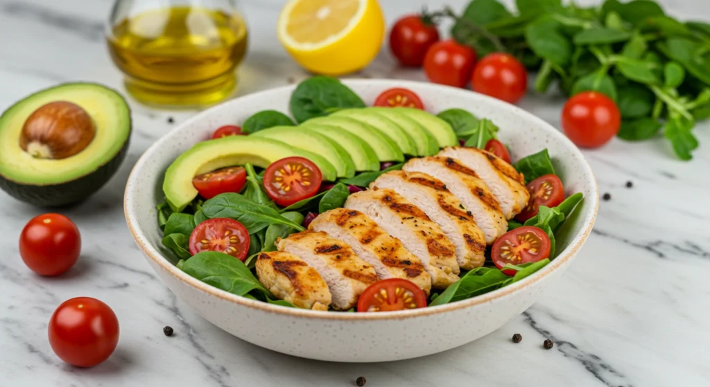 Grilled chicken salad with mixed greens, avocado, and cherry tomatoes in a white bowl on a marble countertop, with fresh ingredients surrounding it