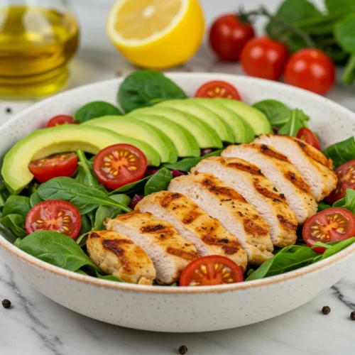 Grilled chicken salad with mixed greens, avocado, and cherry tomatoes in a white bowl on a marble countertop, with fresh ingredients surrounding it