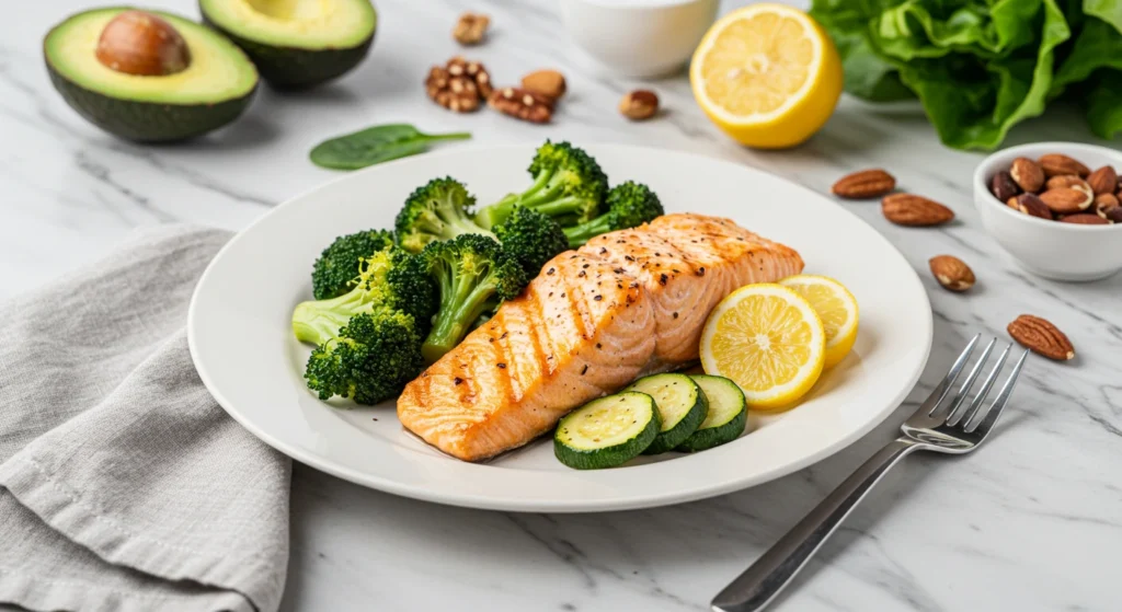 Grilled salmon fillet with roasted broccoli and zucchini, garnished with lemon wedges, surrounded by fresh Paleo diet ingredients