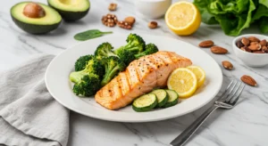 Grilled salmon fillet with roasted broccoli and zucchini, garnished with lemon wedges, surrounded by fresh Paleo ingredients on a rustic wooden table