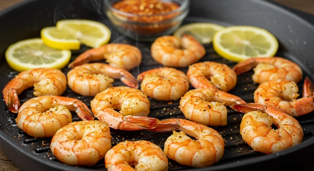 Seasoned shrimp grilling on a pan with golden char marks, surrounded by fresh lemon slices and spices.