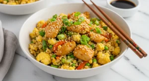 Cauliflower Fried Rice with Chicken in a bowl, garnished with green onions and sesame seeds, styled with fresh vegetables.
