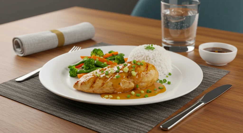 Honey Garlic Chicken Breast glazed with a rich sauce, garnished with parsley, served with rice and vegetables on a white plate